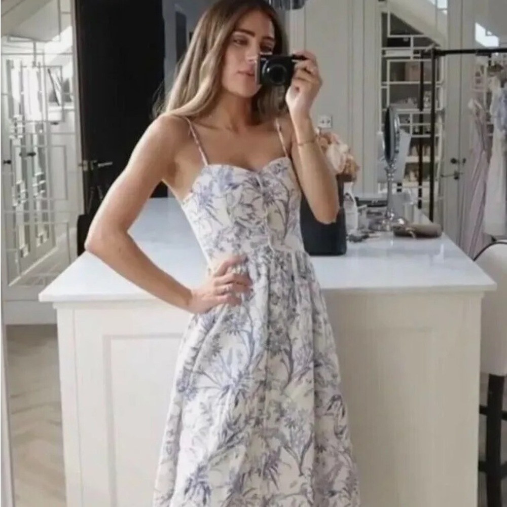 H&M Linen Blend Blue and white Midi Summer Dress Size XS